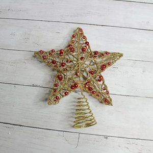 Christmas Tree Topper Metal Star Gold Glitter Red Bulbs 9" Full Size